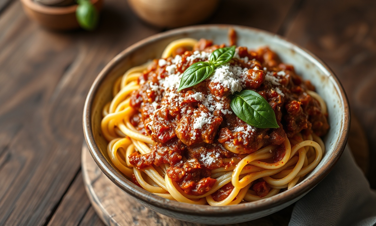 Macarrão À Bolonhesa Tradicional: Molho Encorpado E Autêntico 3 Um prato generoso de macarrão à bolonhesa tradicional, com um molho encorpado de tomate e carne cobrindo o macarrão, finalizado com parmesão ralado.