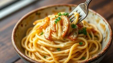 Espaguete al dente envolvido em emulsão cremosa de azeite, com fatias de alho dourado e salsinha fresca, servido em um prato rústico.