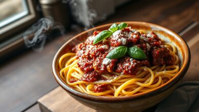 Um grande bowl de espaguete coberto por um molho bolonhesa rico e encorpado, com pedaços de carne visíveis e folhas de manjericão fresco.