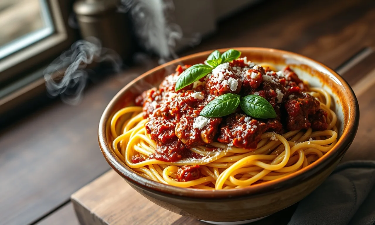 Macarrão Para 50 Pessoas: Receita Completa E Cálculo Exato 3 Um grande bowl de espaguete coberto por um molho bolonhesa rico e encorpado, com pedaços de carne visíveis e folhas de manjericão fresco.