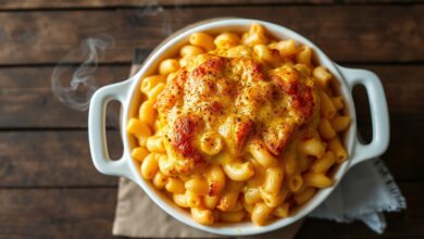 Fornada dourada e borbulhante de macarrão com queijo cremoso, com a superfície gratinada e o interior macio e aveludado.