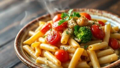 Uma tigela fumegante de macarrão penne coberto por um molho cremoso e encorpado, com tomates cereja levemente rachados, brócolis vibrante e pedaços de alho assado dourado.