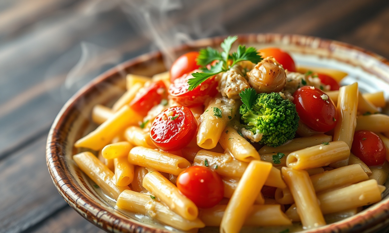 Uma tigela fumegante de macarrão penne coberto por um molho cremoso e encorpado, com tomates cereja levemente rachados, brócolis vibrante e pedaços de alho assado dourado.