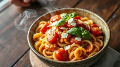 Espirais de macarrão cobertos por molho cremoso de tomate, com pedaços de tomate cereja caramelizado, lascas de parmesão e folhas de manjericão fresco sobre uma tigela de cerâmica.