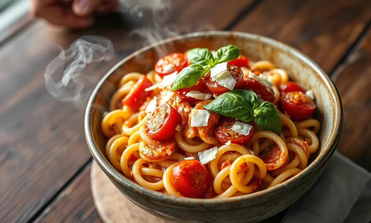 Espirais de macarrão cobertos por molho cremoso de tomate, com pedaços de tomate cereja caramelizado, lascas de parmesão e folhas de manjericão fresco sobre uma tigela de cerâmica.