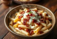 Prato principal de macarrão penne cremoso com bacon e muçarela derretida.