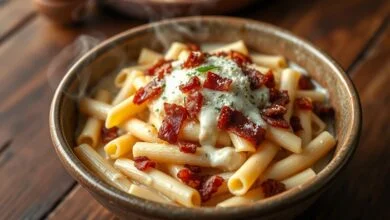 Prato principal de macarrão penne cremoso com bacon e muçarela derretida.