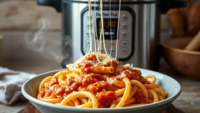 Macarrão penne envolto em molho de tomate sedoso com mussarela derretida, servido diretamente da panela de pressão.