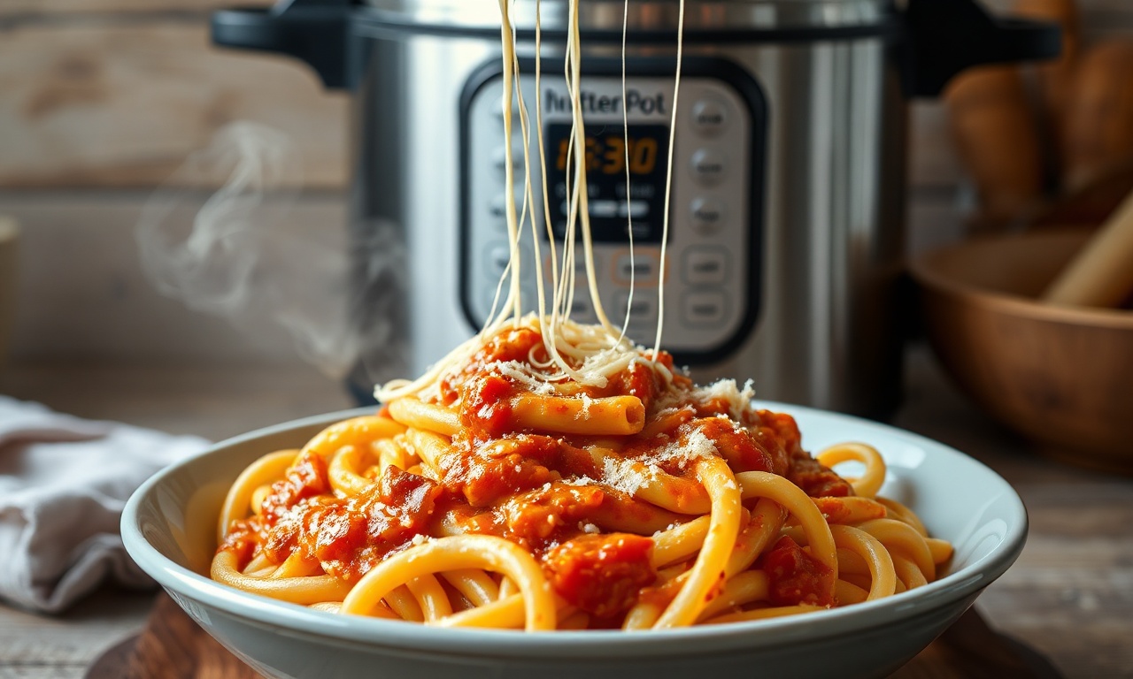 Macarrão Na Panela De Pressão Cremoso E Pronto Em 10 Minutos 3 Macarrão penne envolto em molho de tomate sedoso com mussarela derretida, servido diretamente da panela de pressão.