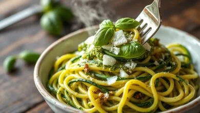 Fios vibrantes de abobrinha cobertos por pesto cremoso e lascas de parmesão, prato principal low carb elegante.