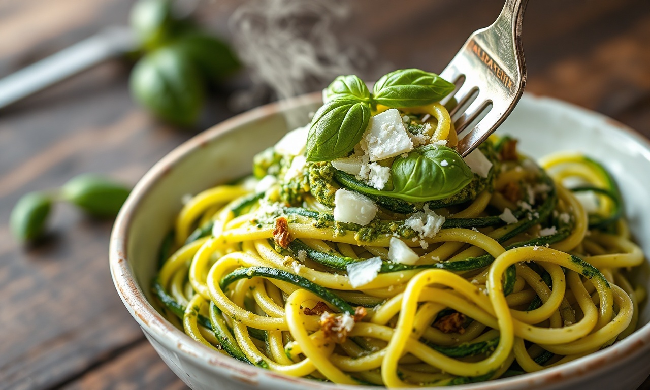 Macarrão De Abobrinha Com Pesto: Low Carb E Sem Água 3 Fios vibrantes de abobrinha cobertos por pesto cremoso e lascas de parmesão, prato principal low carb elegante.