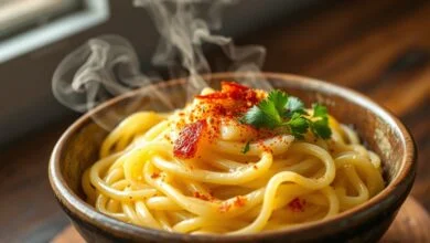 Macarrão de arroz translúcido coberto por molho de manteiga dourada, com lascas de alho tostado, páprica defumada e salsinha fresca, servido em um prato de cerâmica rústica.