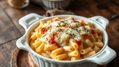 Refratário de macarrão penne com molho branco aveludado e cobertura de queijo muçarela dourado e borbulhante.