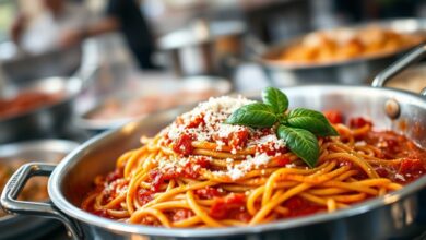 Um grande panelão de espaguete com molho de tomate caseiro, finalizado com parmesão ralado e folhas de manjericão.
