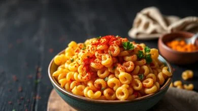 Tigela generosa de macarrão parafuso dourado e crocante, com aparência de chips, polvilhado com temperos e salsinha.