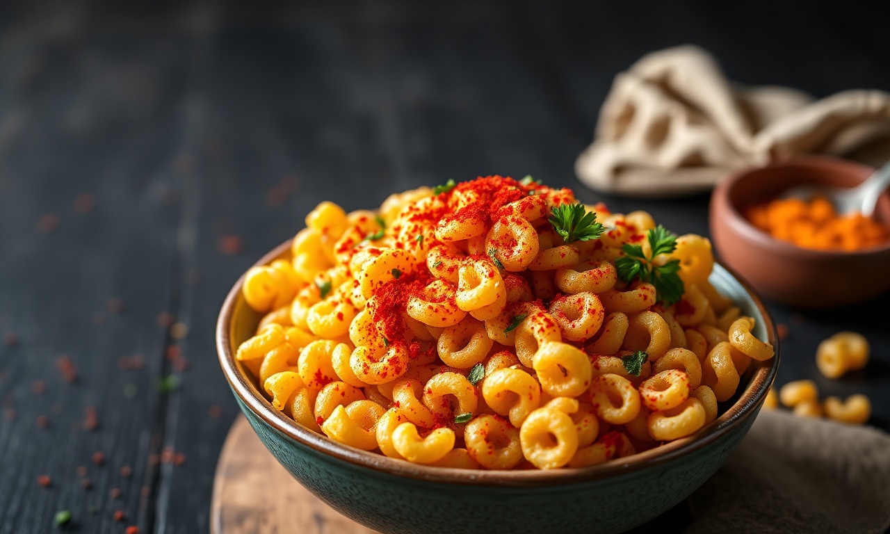 Tigela generosa de macarrão parafuso dourado e crocante, com aparência de chips, polvilhado com temperos e salsinha.