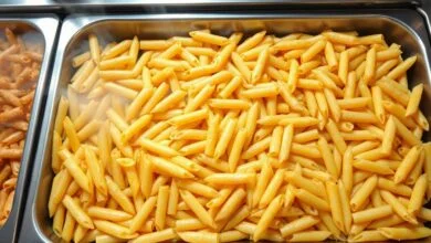 Uma travessa industrial de penne perfeitamente solto, com brilho sutil de óleo, pronto para servir um grande evento.
