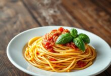 Macarrão espaguete al dente perfeitamente cozido, com textura firme, servido em um prato branco com um molho simples e folhas de manjericão fresco.