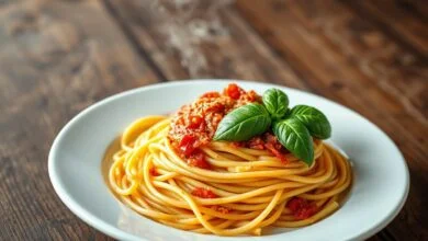 Macarrão espaguete al dente perfeitamente cozido, com textura firme, servido em um prato branco com um molho simples e folhas de manjericão fresco.