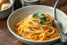 Uma generosa porção de macarrão espaguete cozido no ponto al dente, servido em uma panela ou travessa, pronto para alimentar uma grande família ou grupo de amigos.