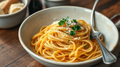 Uma generosa porção de macarrão espaguete cozido no ponto al dente, servido em uma panela ou travessa, pronto para alimentar uma grande família ou grupo de amigos.