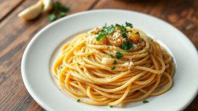 Espaguete perfeitamente al dente, envolto em um molho sedoso de azeite e alho dourado, finalizado com salsinha fresca.