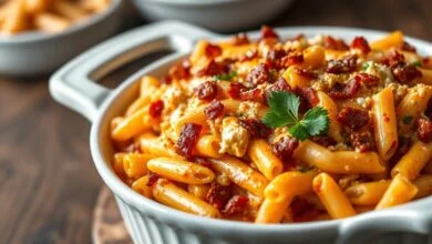 Uma travessa de macarronada com molho cremoso alaranjado, pedaços de frango desfiado e bacon dourado, coberta com queijo gratinado borbulhante.