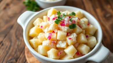 Tigela de maionese de batata cremosa com cubinhos perfeitos, cebola roxa e salsinha fresca, pronta para servir no churrasco.