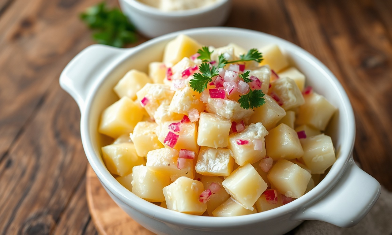 Tigela de maionese de batata cremosa com cubinhos perfeitos, cebola roxa e salsinha fresca, pronta para servir no churrasco.