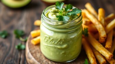 Um pote de vidro aberto com maionese verde vibrante e cremosa, decorado com folhas de coentro, ao lado de batatas fritas crocantes.