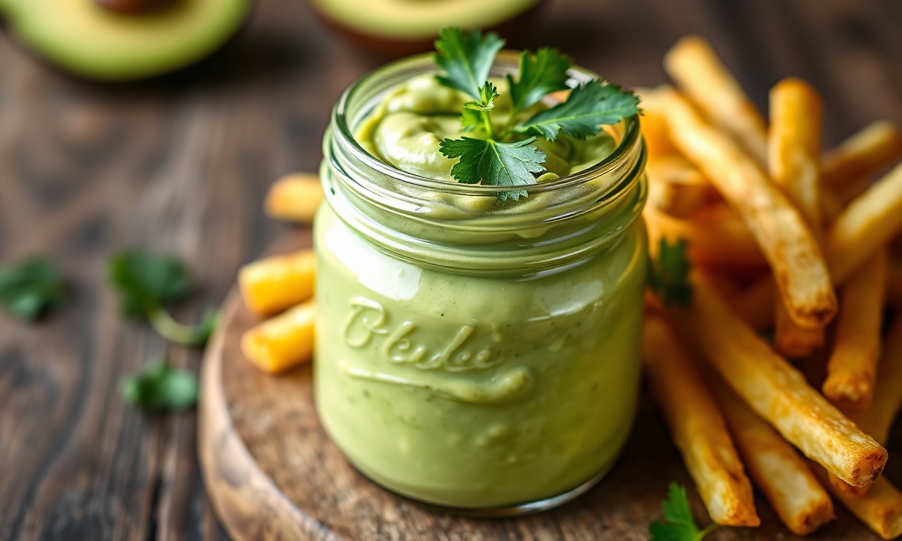 Um pote de vidro aberto com maionese verde vibrante e cremosa, decorado com folhas de coentro, ao lado de batatas fritas crocantes.