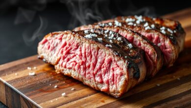 Fatias de carne grelhada com interior rosado e suculento