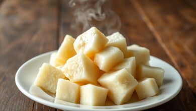 Pedaços de mandioca amarga perfeitamente cozidos, com casca removida, mostrando o interior branco e firme, prontos para o consumo.