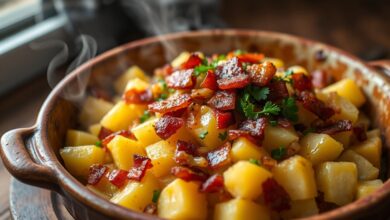 Pedaços macios de mandioca dourada cobertos por cubos crocantes de bacon e salsinha fresca, servidos em refratário rústico.