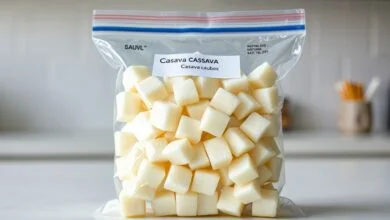 Cubos de mandioca branca, firmes e brilhantes, dispostos em um saco de freezer transparente e etiquetado, prontos para serem guardados.
