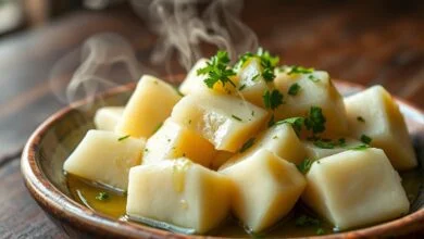 Mandioca Cozida Perfeita: Receita Cremosa Em 15 Minutos 7 Pedaços de mandioca branca e macia, servidos em um prato rústico com um fio de azeite e cheiro-verde.