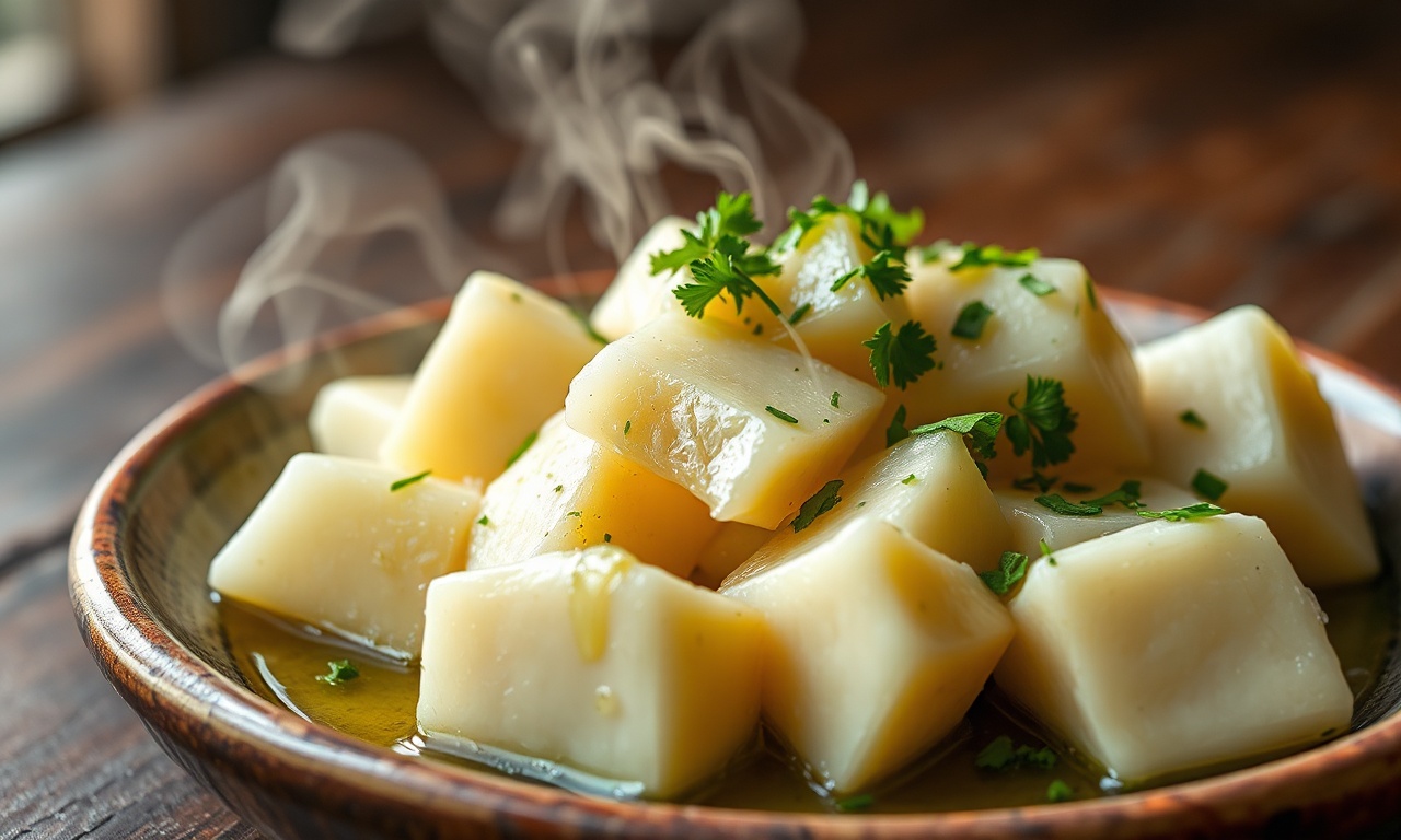 Mandioca Cozida Perfeita: Receita Cremosa Em 15 Minutos 3 Pedaços de mandioca branca e macia, servidos em um prato rústico com um fio de azeite e cheiro-verde.