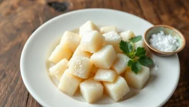 Mandioca cozida no micro-ondas, macia e farinhosa, servida em um prato.