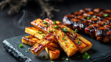 Bastões de mandioca dourados com bordas crocantes, cobertos por uma camada aromática de alho e páprica defumada, finalizados com salsinha fresca.
