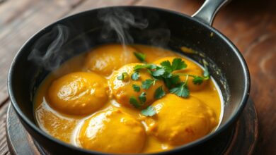 Rodelas de mandioquinha macia e dourada cobertas por um molho cremoso de curry amarelo vibrante, finalizadas com folhas de coentro fresco.