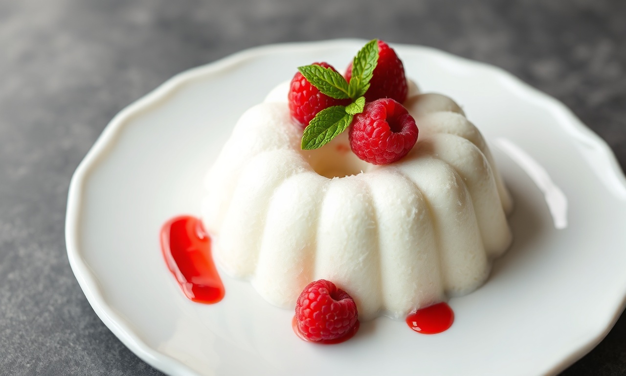 Manjar de coco fit perfeitamente desenformado, branco e aveludado, com textura firme e cremosa, decorado com frutas vermelhas.