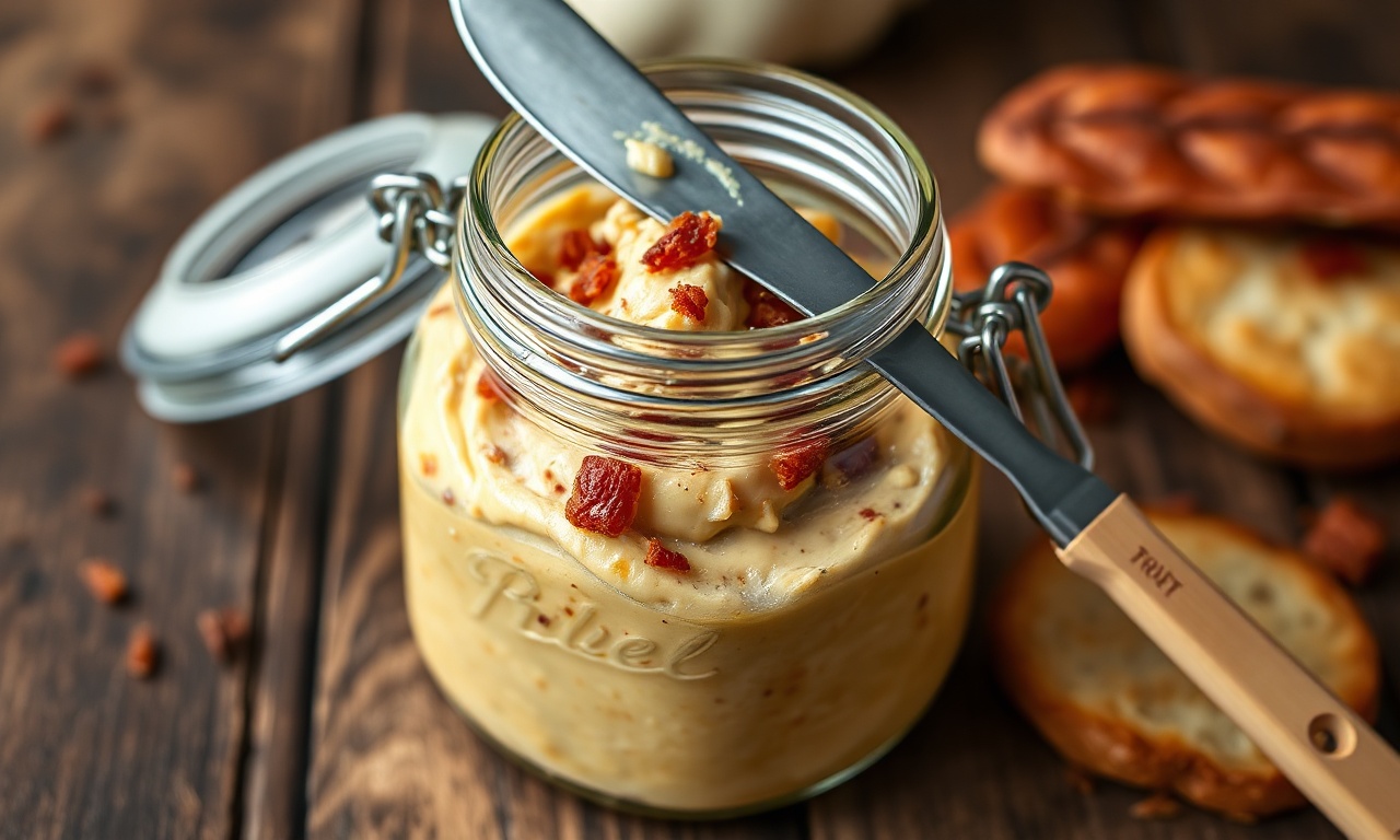 Manteiga De Bacon Cremosa E Defumada Em 25 Min (Apenas 2 Ingredientes) 3 Pote de vidro aberto com manteiga de bacon dourada e cremosa, repleta de pedacinhos crocantes de bacon, pronto para ser passada em pão.