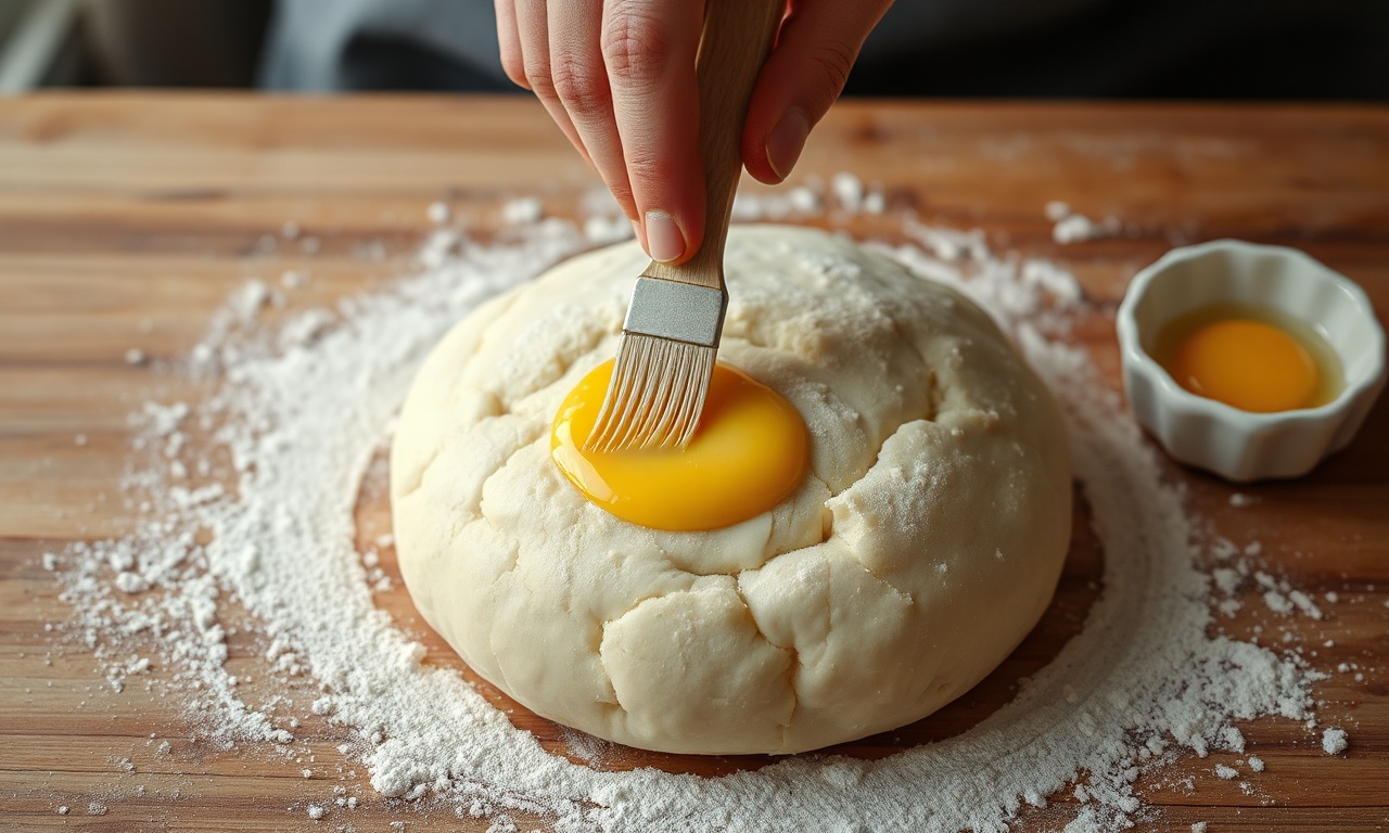 Passo principal: mão limpa aplicando ovo batido sobre massa de pão antes do forno