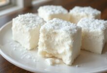Cubos perfeitos de maria mole branca e fofa, cobertos generosamente por coco ralado, servidos em um prato de porcelana.