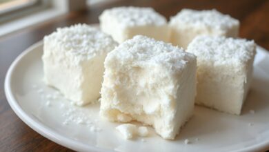 Cubos perfeitos de maria mole branca e fofa, cobertos generosamente por coco ralado, servidos em um prato de porcelana.