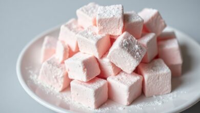 Cubos de maria mole de gelatina rosa, fofinhos e polvilhados com amido, empilhados em um prato branco.