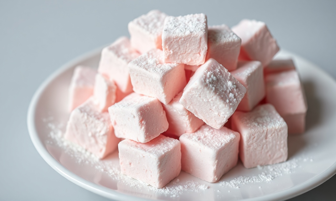 Cubos de maria mole de gelatina rosa, fofinhos e polvilhados com amido, empilhados em um prato branco.