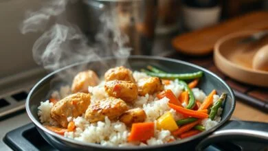 Marmita caseira com frango dourado, arroz soltinho e legumes vibrantes, reaquecida perfeitamente em panela, pronta para servir.