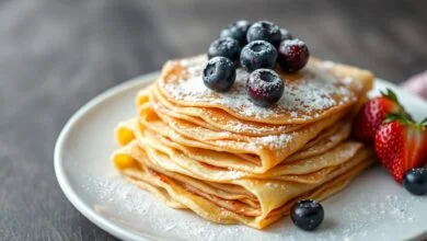 Pilha de panquecas douradas e finas, enroladas e empilhadas em um prato branco, com frutas ao lado.