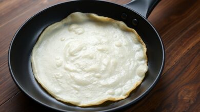 Um disco de tapioca perfeitamente formado, com bordas douradas e superfície coesa, pronto para receber o recheio.